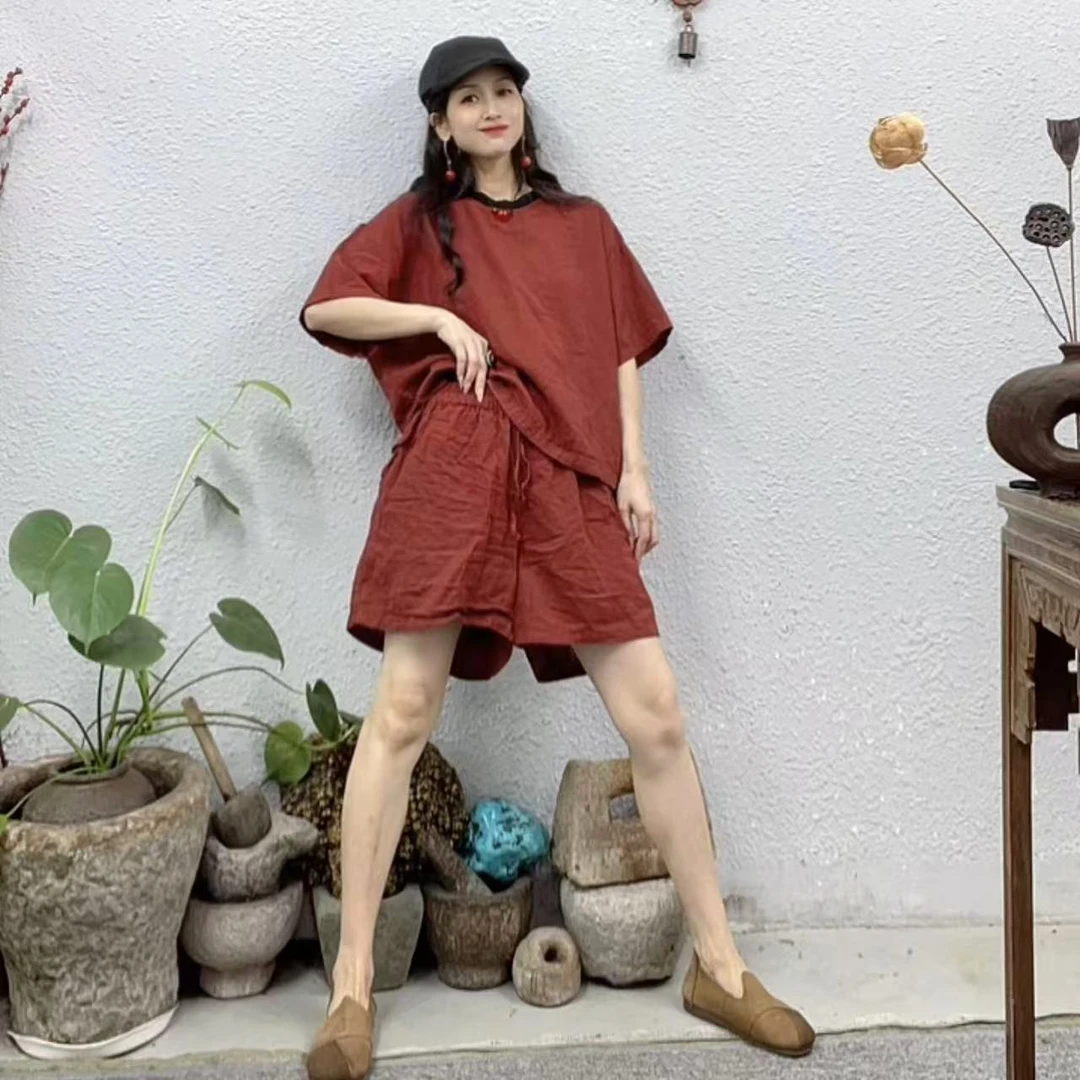 88026撞色圆领短裤双层纱套装（衣56-60胸围126裤40臀围126脚口76