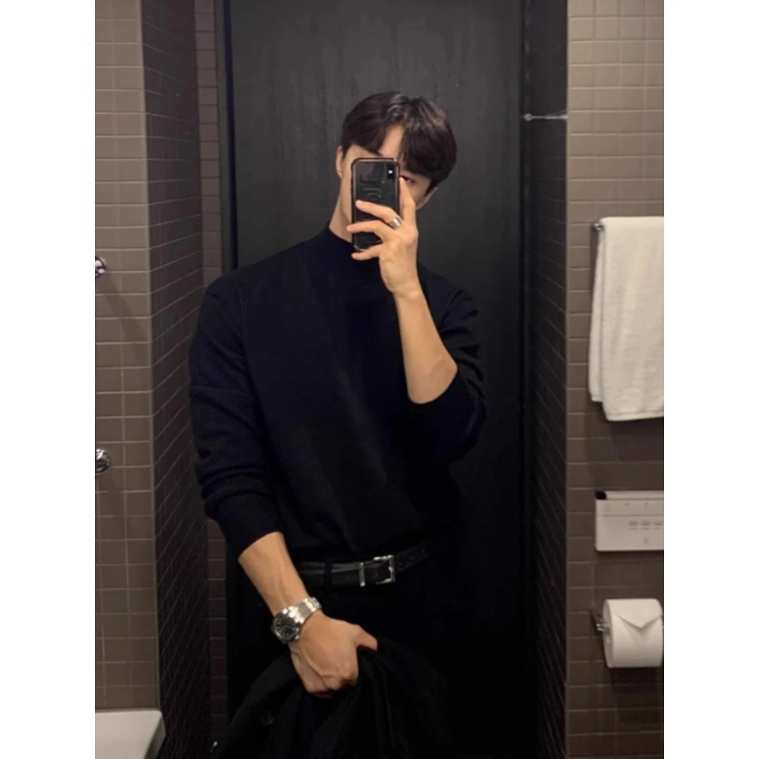 2024秋冬季轻熟风男士t恤半高领打底衫修身保暖潮流咖啡色纯色