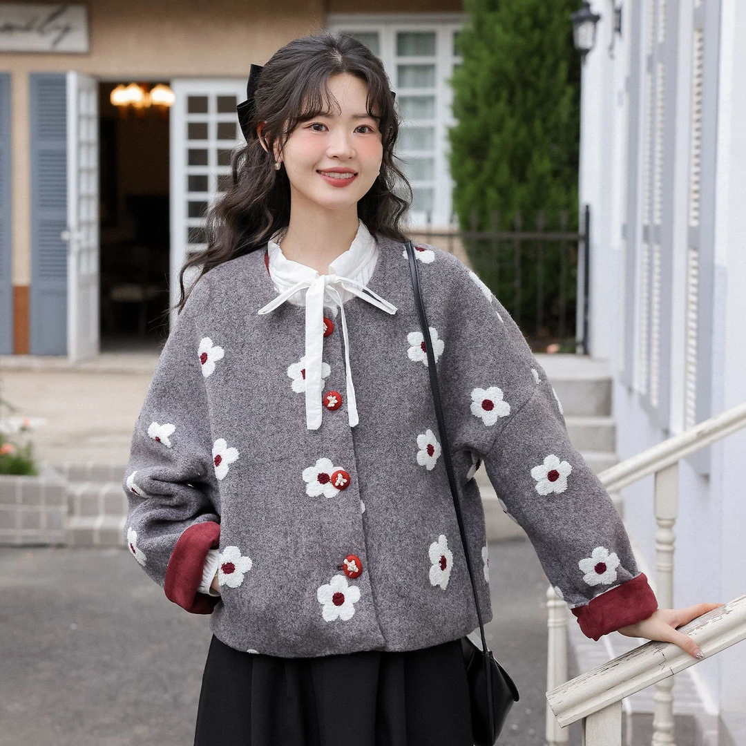 【小云总专享】30106法式洋气碎花圆领长袖针织开衫百搭气质上衣