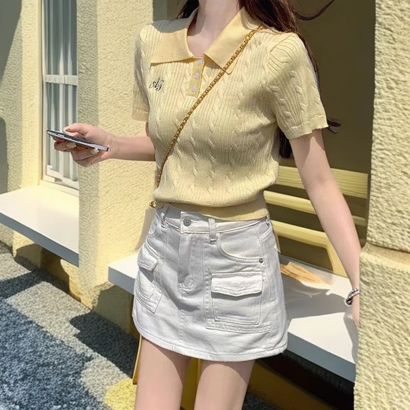 韩系甜美风字母刺绣冰丝麻花针织衫女2025夏季polo领正肩上衣女潮