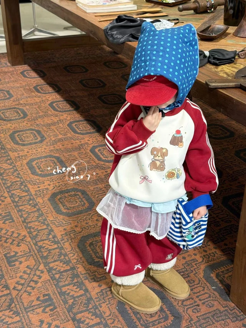 女童红色卡通一体绒卫衣休闲裤套装（CXQ-5265-冬A）汉服