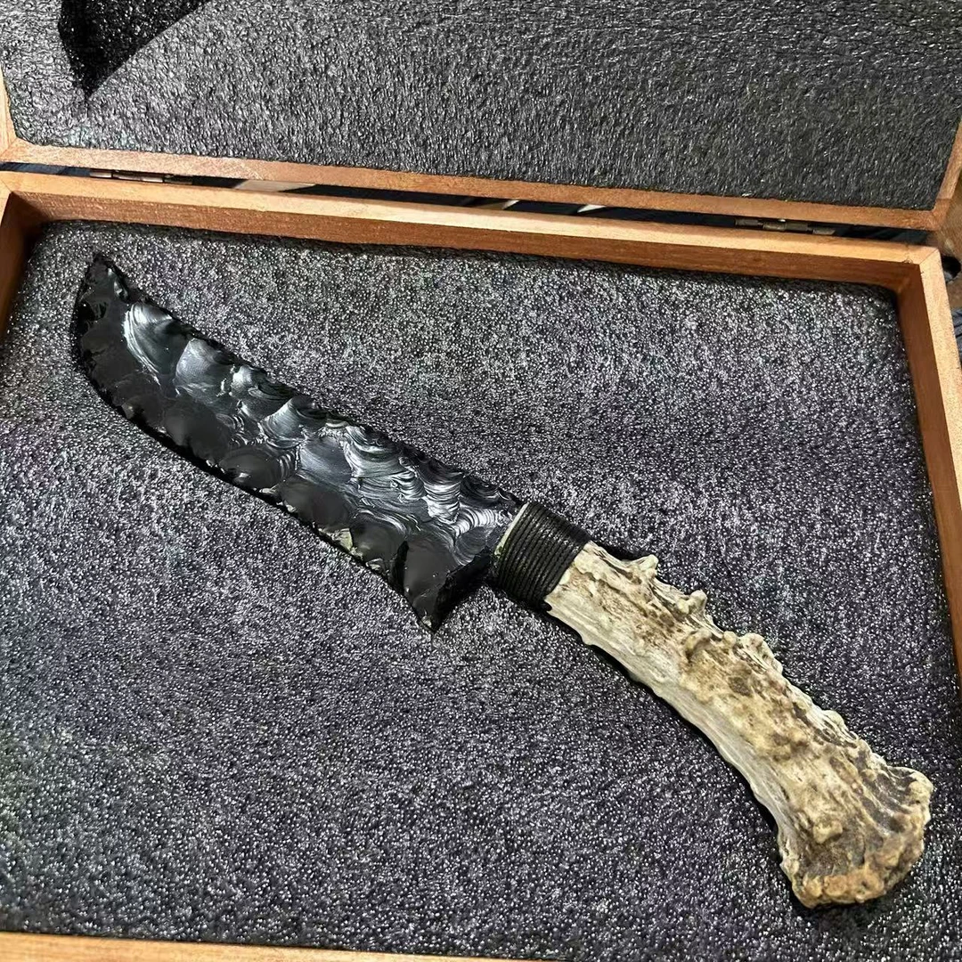黑曜石纯手工打制石器鹿角刀柄