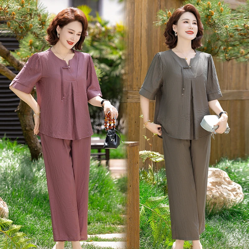 时尚中年妈妈夏装短袖新中式T恤套装中老年女夏季洋气两件套新款