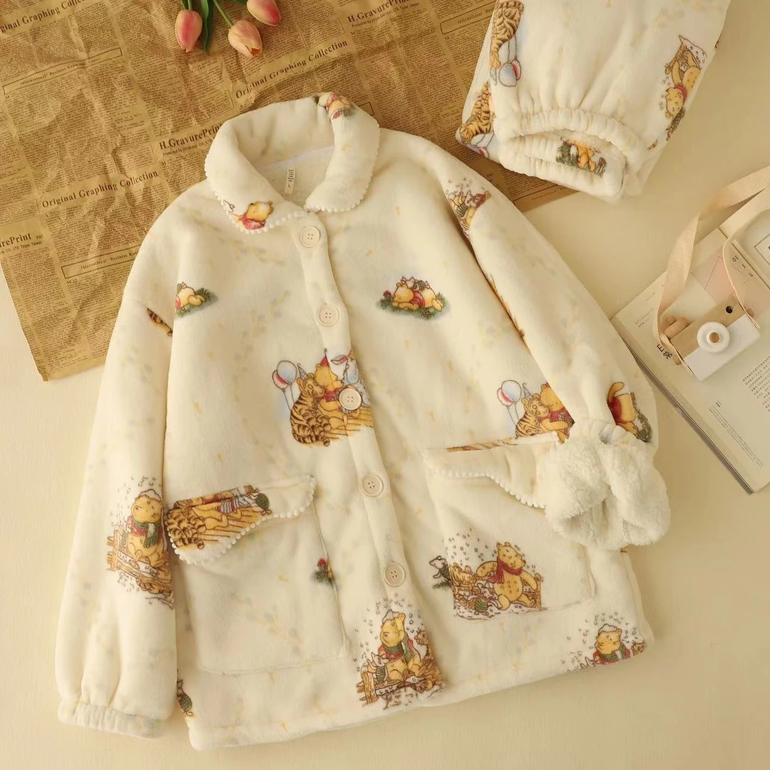 睡衣女羊羔绒双层加厚加绒秋冬可爱珊瑚绒牛奶绒家居服可外穿套装