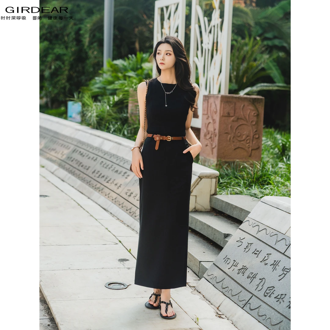 GIRDEAR/哥弟早秋新款时尚百搭复古显瘦中长款纯色半身裙女120016