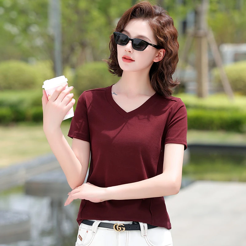 夏季新款短袖V领T恤女款安可拉红色正肩半袖休闲百搭打底纯色小衫