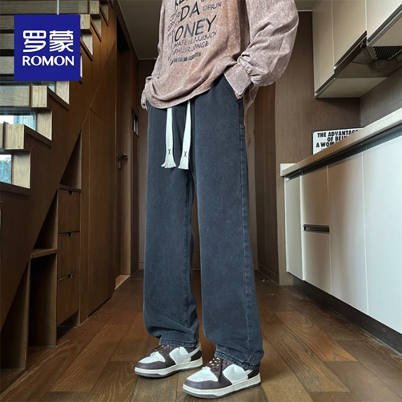 罗蒙美式高街牛仔裤男士秋季新款宽松直筒阔腿裤潮牌系绳休闲长裤