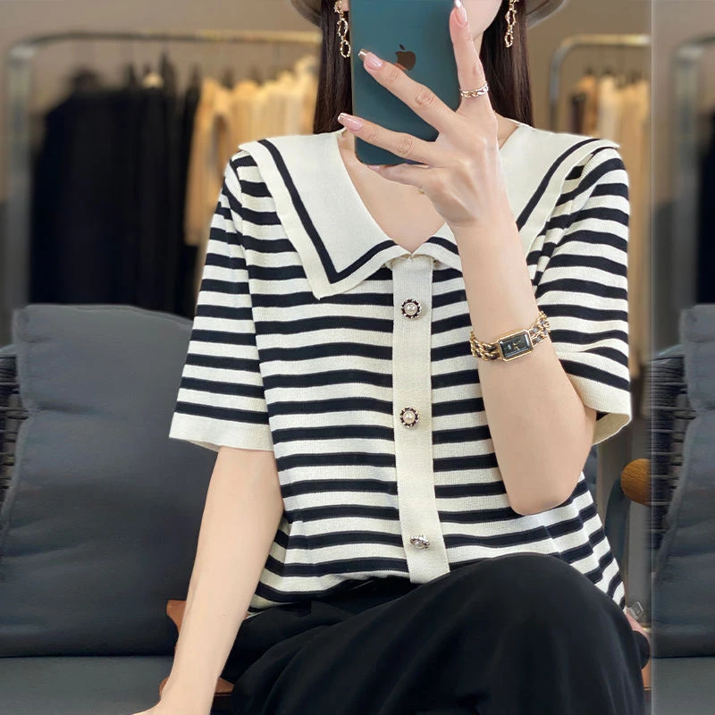 娃娃领2025夏季款百搭纽扣小香风冰丝短袖T恤女宽松大码百搭上衣