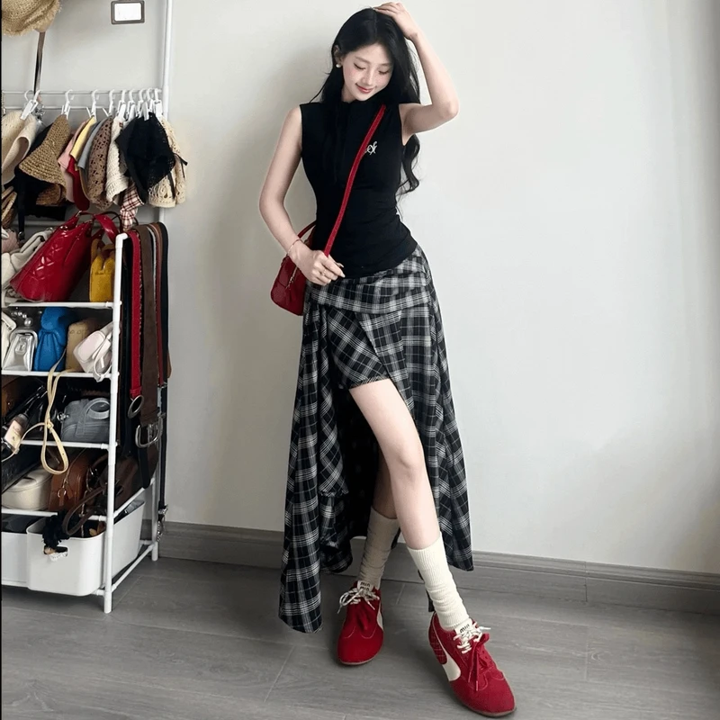 套装针织格纹上衣新款夏季2025显瘦半身裙百搭蝴蝶结背心设计感