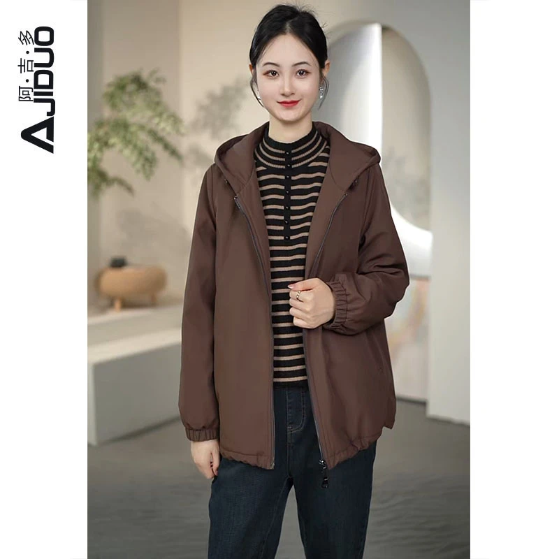阿吉多连帽长袖保暖棉服女冬季新款时尚高级美拉德棉衣大码外套