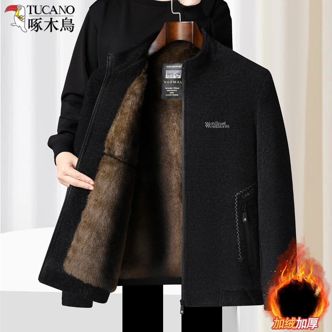 啄木鸟秋冬季雪尼尔加绒加厚外套中老年人立领爸爸短款毛呢大衣男