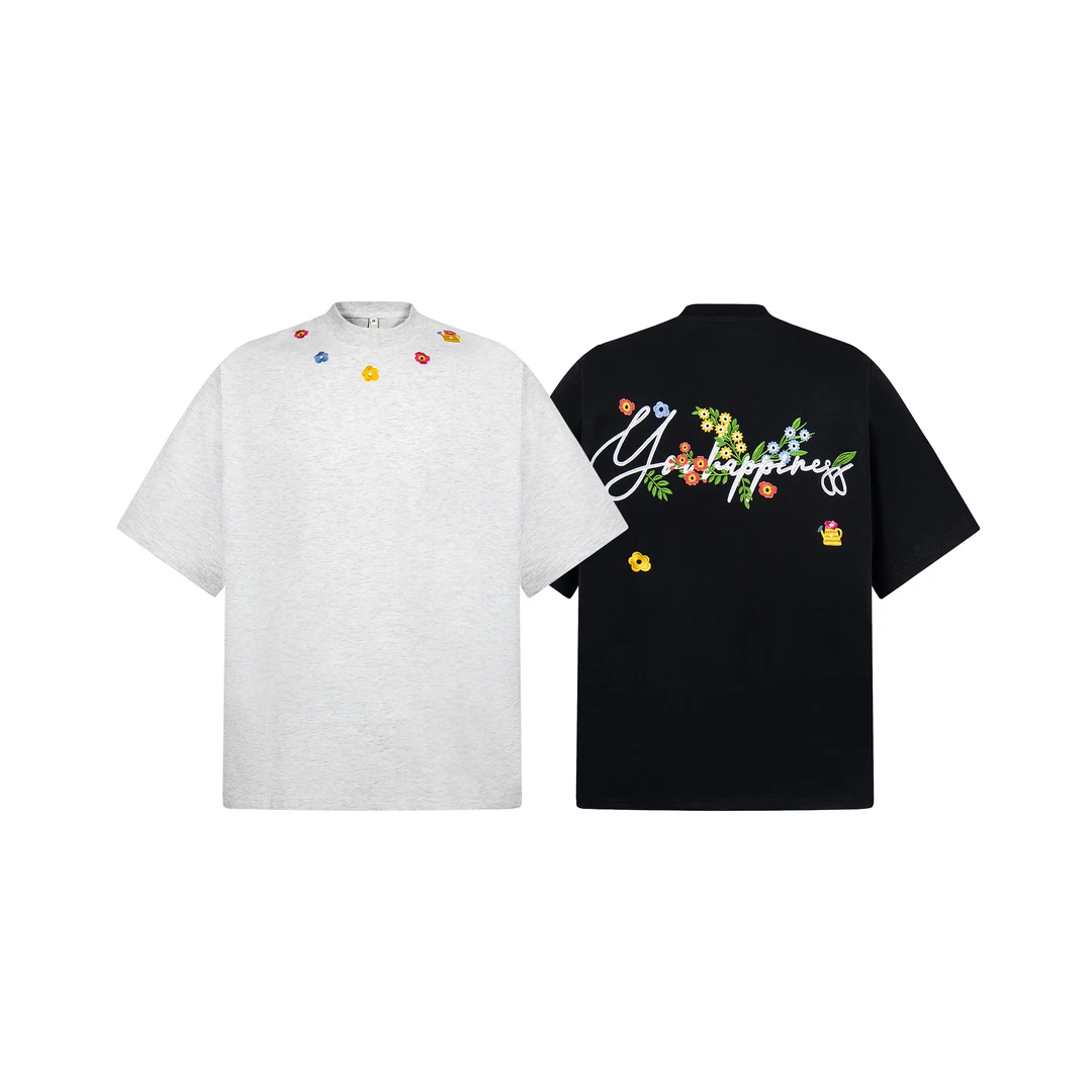 夏季美式复古雏菊刺绣小领口300g纯棉圆领男女同款短袖T恤