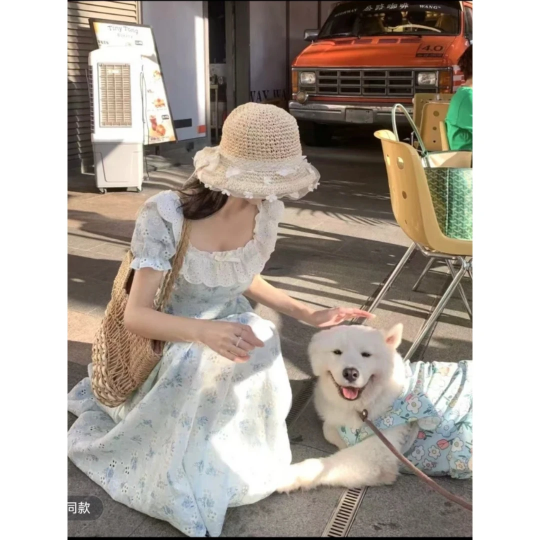 浅夏新品重工刺绣复古仙女气质甜美连衣裙遮肉短袖裙子