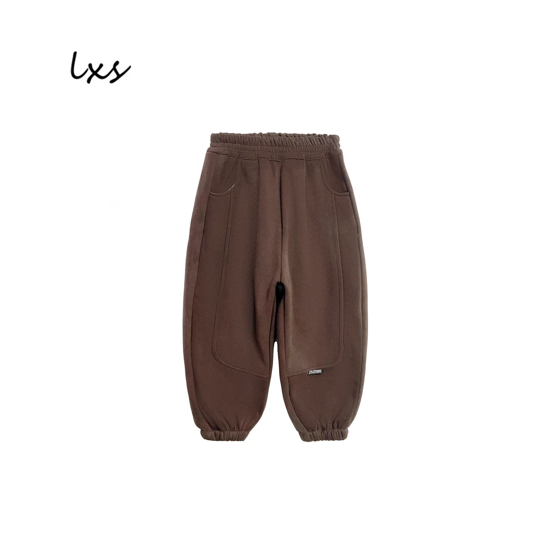 鹿小生童装冬季儿童加绒休闲韩版宽松时尚百搭休闲卫裤FK9005咖色