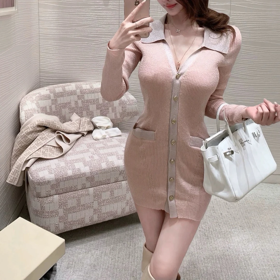 秋冬毛衣显瘦翻领排扣针织撞色连衣裙性感V领辣妹修身裙子短裙