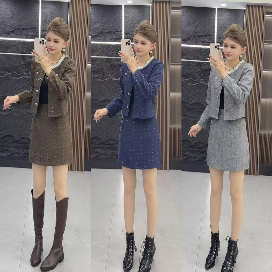 秋季1172 唯美小香风满天星开衫外套上衣 加短裙 两件套