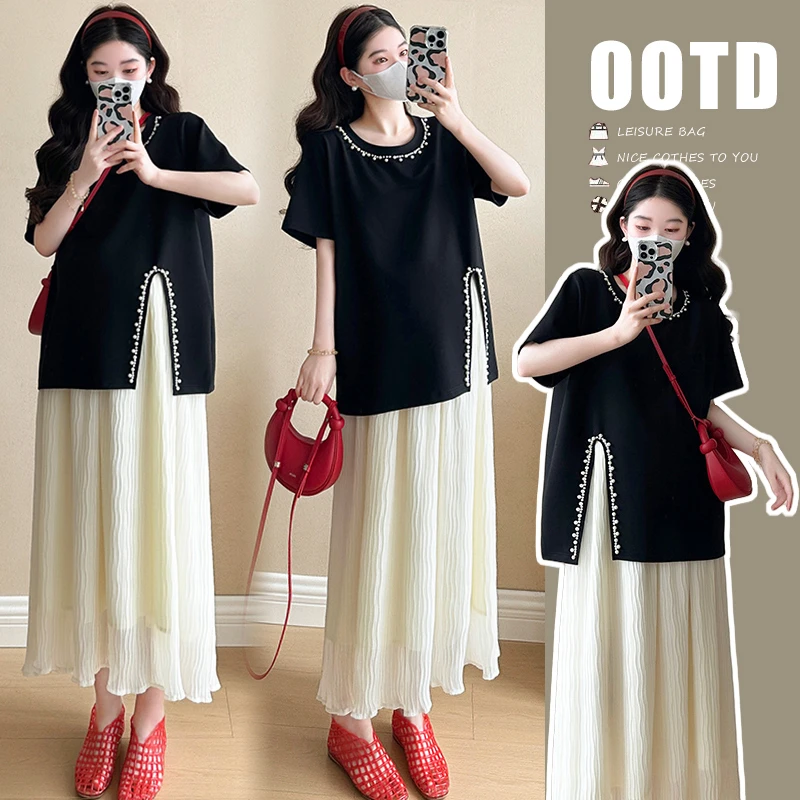 橙子家- 2025夏季新品珍珠开衩T恤+猪鼻扣百褶a字裙显瘦洋气时尚