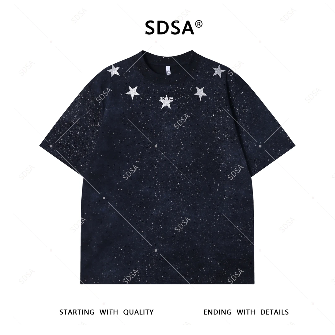 夏季高级感新款男士美式洒金星星印花短袖T恤百搭时尚嘻哈上衣