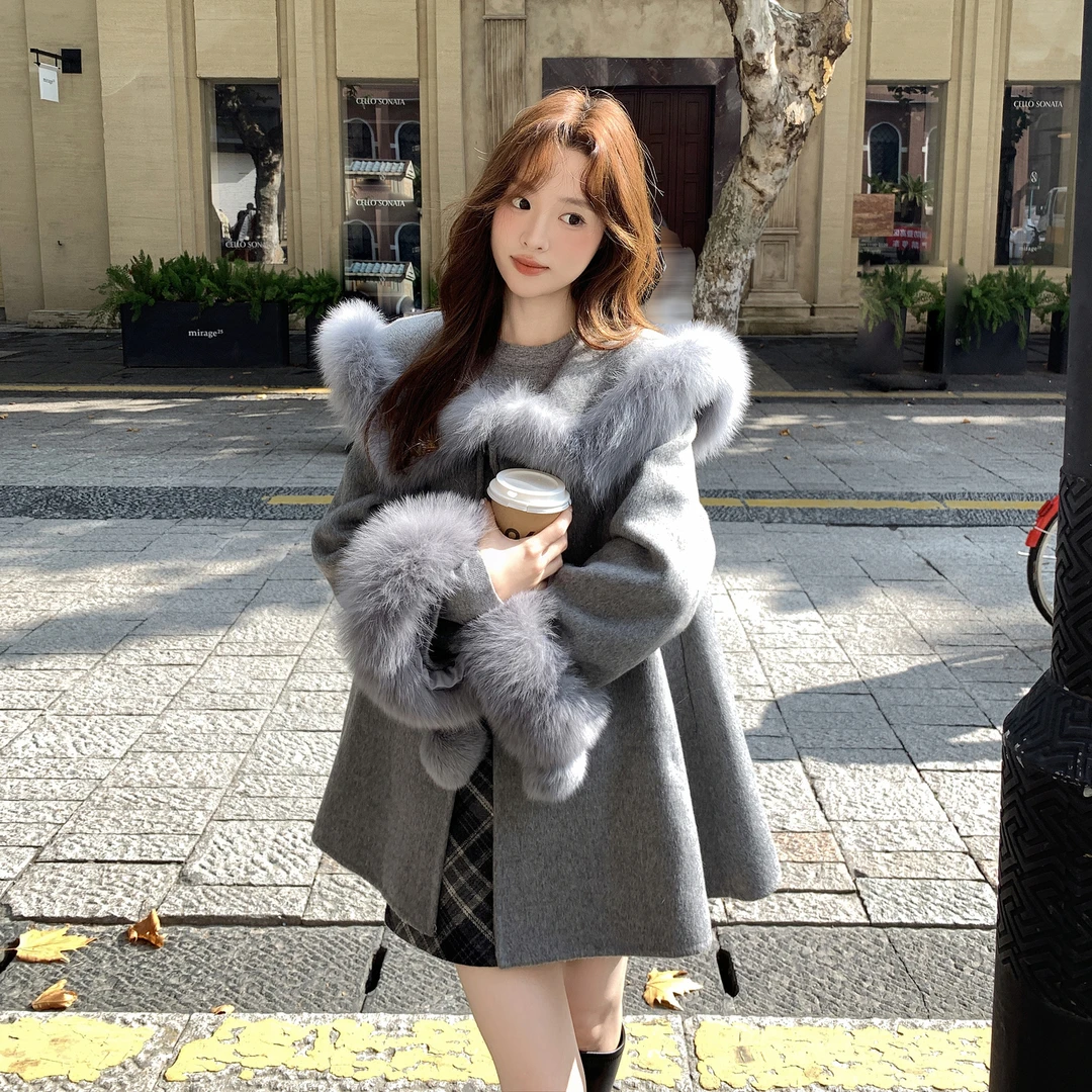 灰色轻奢名媛风真狐狸毛双面呢羊毛大衣女2025秋冬季新款毛呢外套