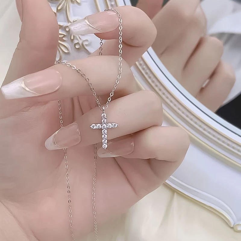 坠链均925银锆石 无边十字架满钻锆石锁骨项链小众美式个性高级感