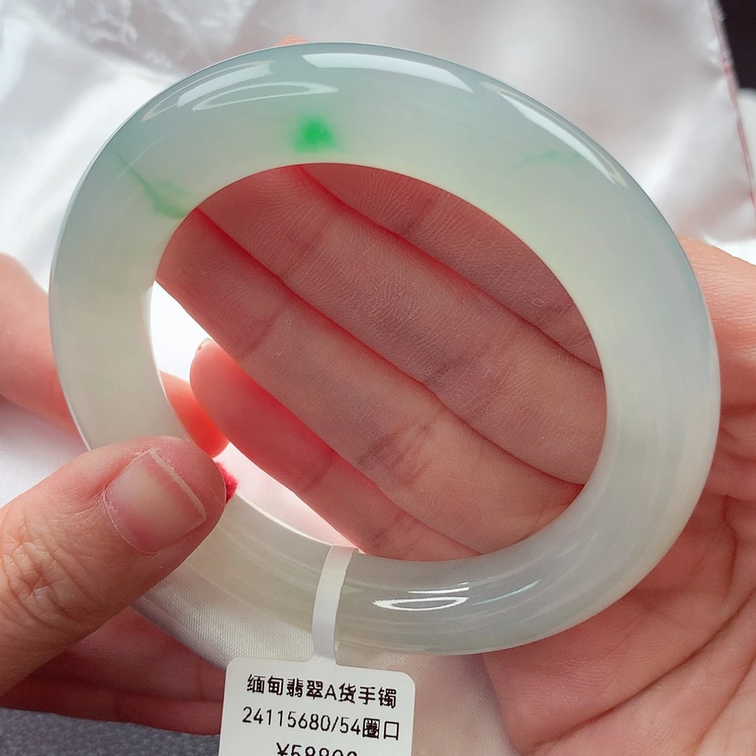翡翠未镶嵌手镯55冰胶甜绿底飘阳绿