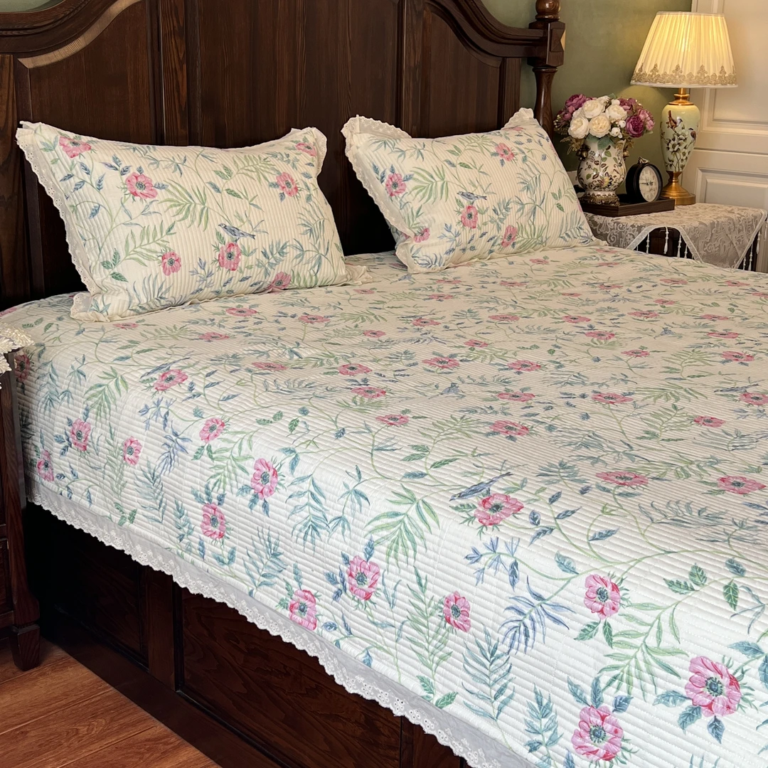 2025新款全棉法式提花夹棉床盖四件套三件套绗缝加厚花边款小清新