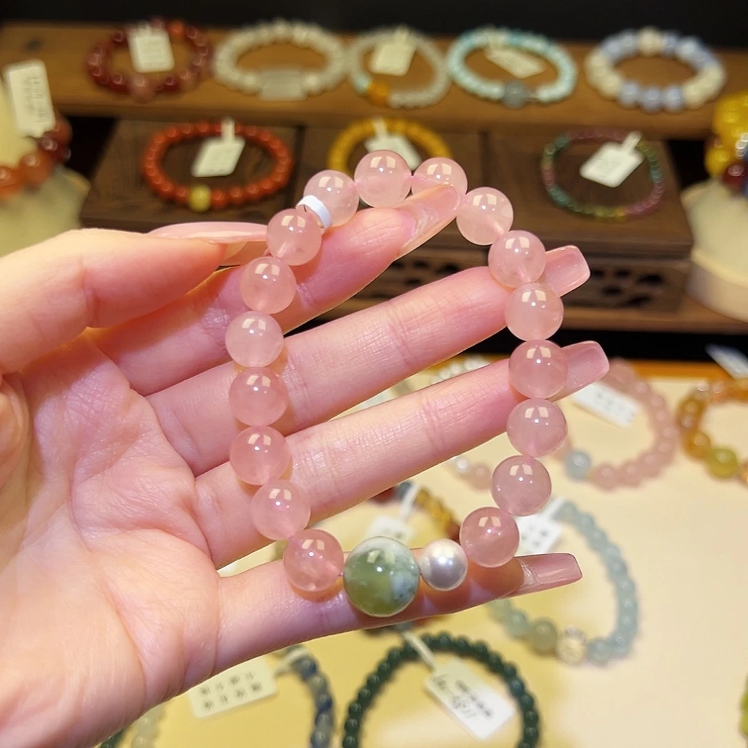 水晶手串银S925镀金镶嵌粉1402