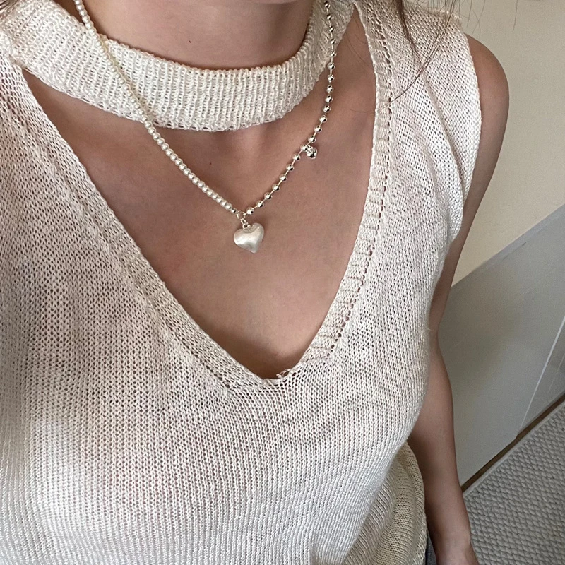 铜仿珍珠项链  银色爱心项链女款简约小众设计感百搭锁骨链颈链