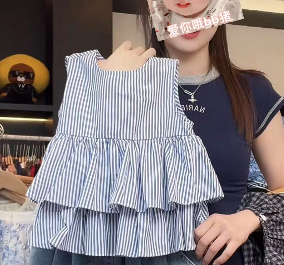 现【海风来信】阿卷女童夏清爽条纹双层下摆娃娃衫无袖上衣MPG6140