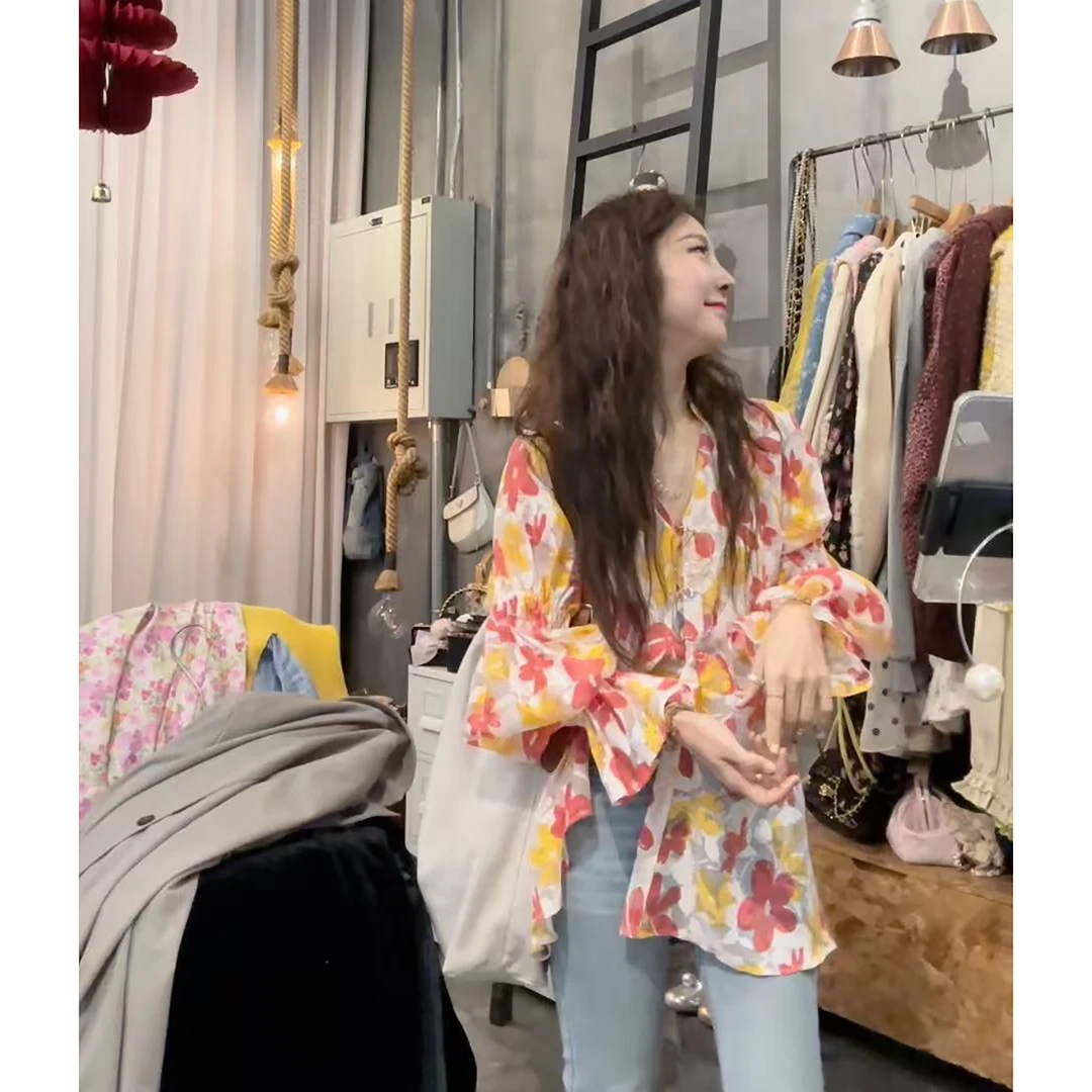 S50224916素拉那里 定制款法式设计感花卉微透印花碎花衬衫衬衣