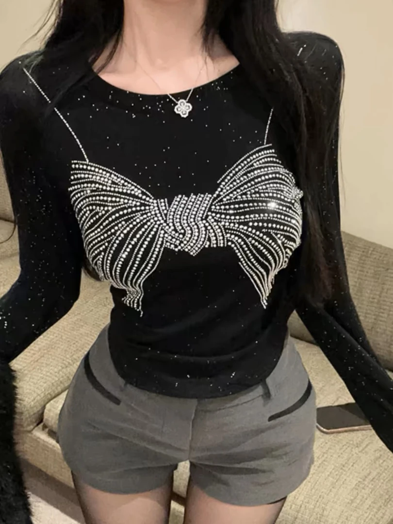 浠儿姐姐重工烫钻蝴蝶结圆领长袖T恤女褶皱修身显瘦上衣