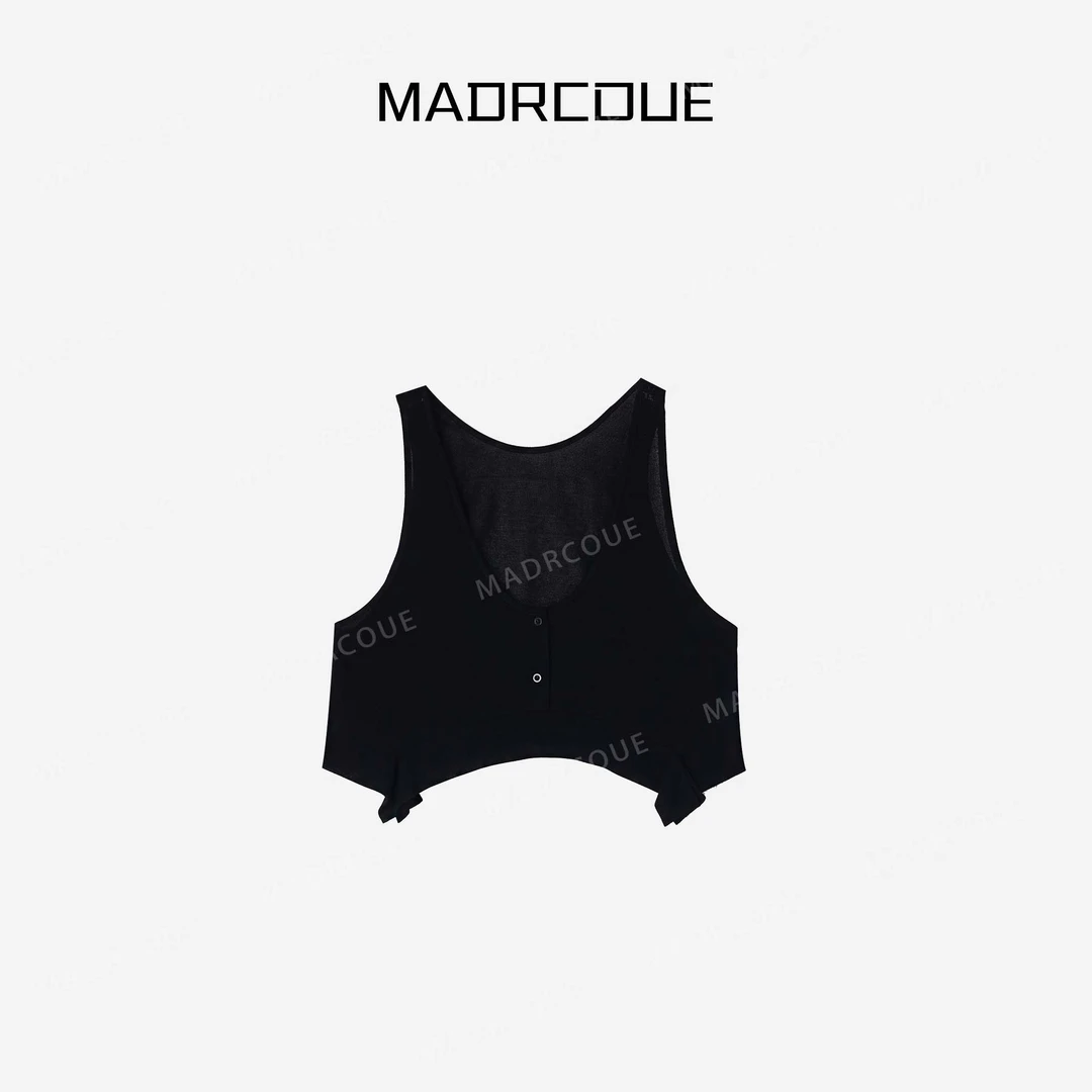 MADRCOUE U领两粒扣不规则拼接下摆宽松马甲605180