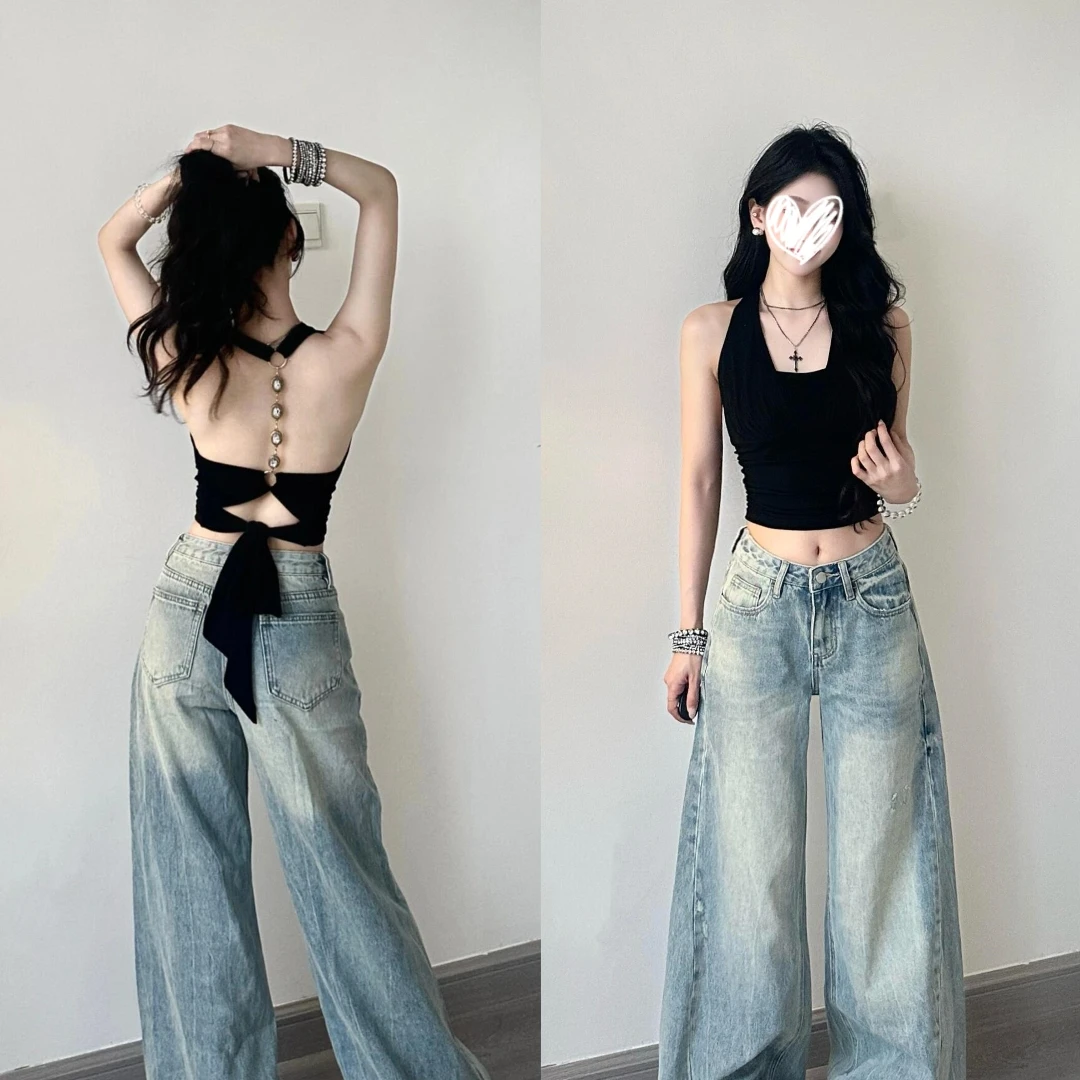 艺等现货~夏季新款黑色美背短款绑带修身外穿设计感辣妹打底上衣