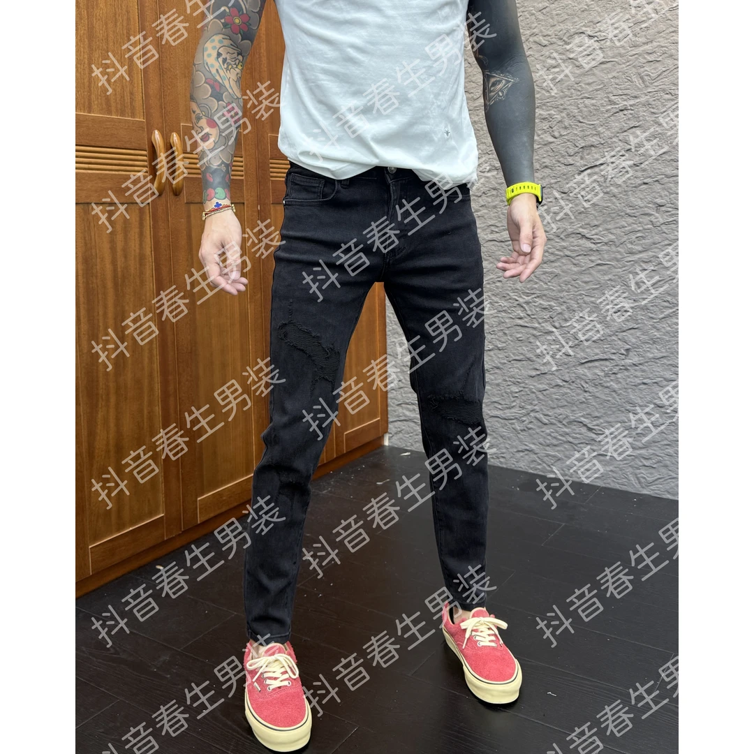 2025秋冬新款时尚休闲百搭净版黑灰色补丁男士小脚牛仔裤1587