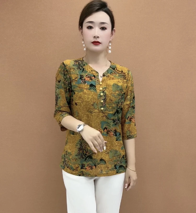 2025夏季新款时尚洋气显瘦大码妈妈装宽松百搭印花女士气质上衣