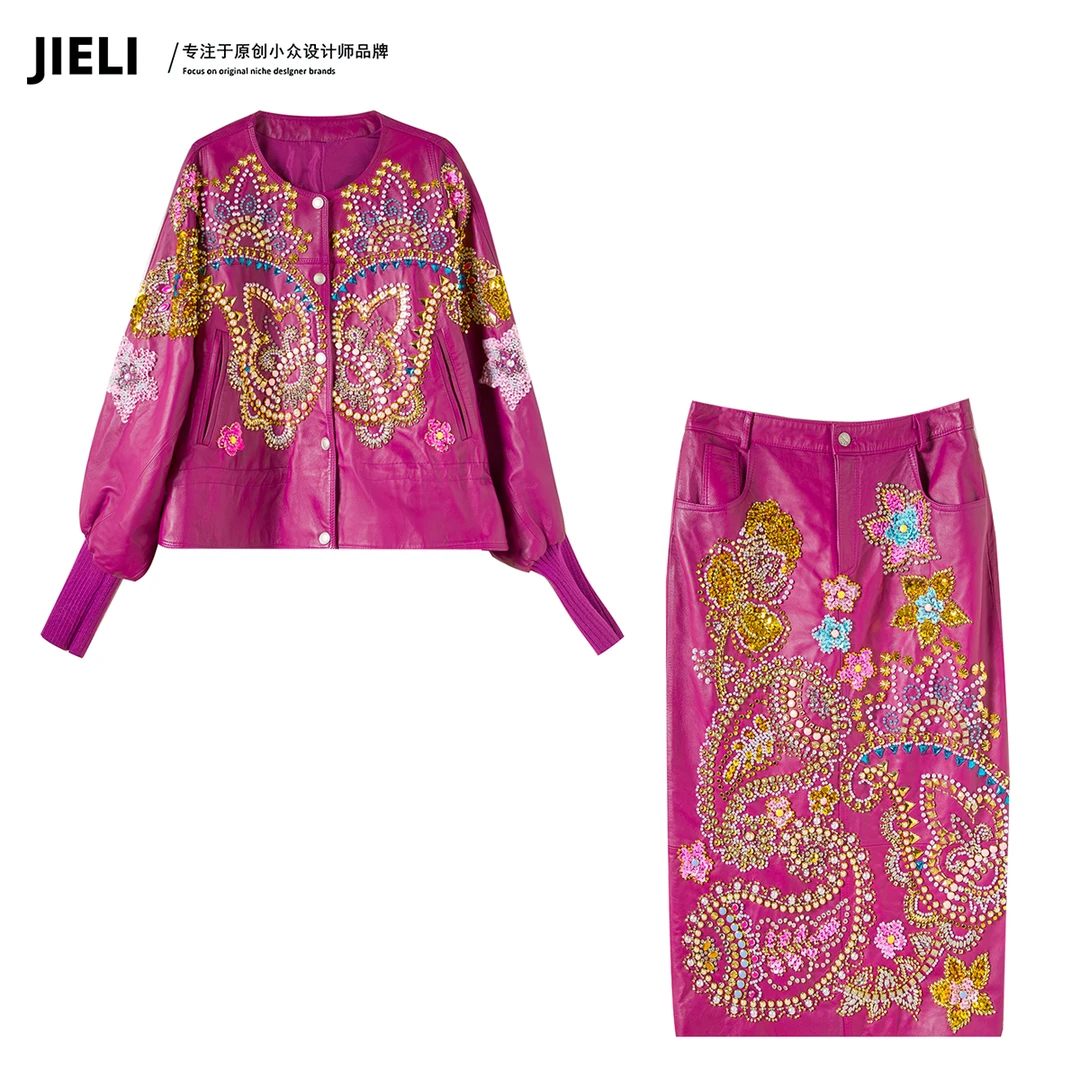 JIE LI/街力定制早秋新款设计师潮流小众个性皮紫色套装女A9309