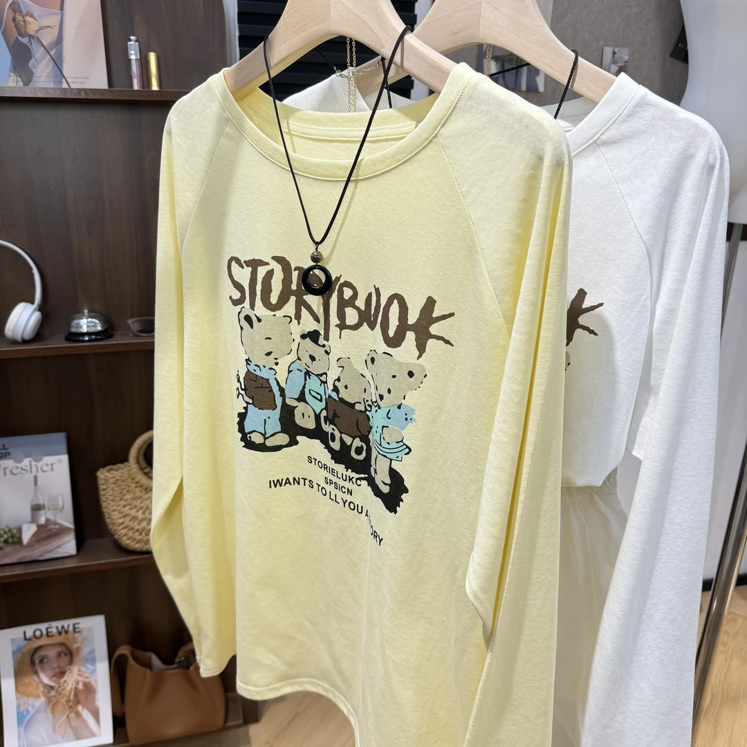 2025新款圆领印花防晒长袖t恤女设计感百搭宽松时尚薄款休闲上衣