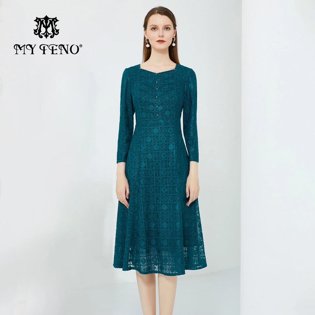 MY TENO/马天奴VHA948优雅长裙礼服时尚连衣裙修身气质中长裙长袖
