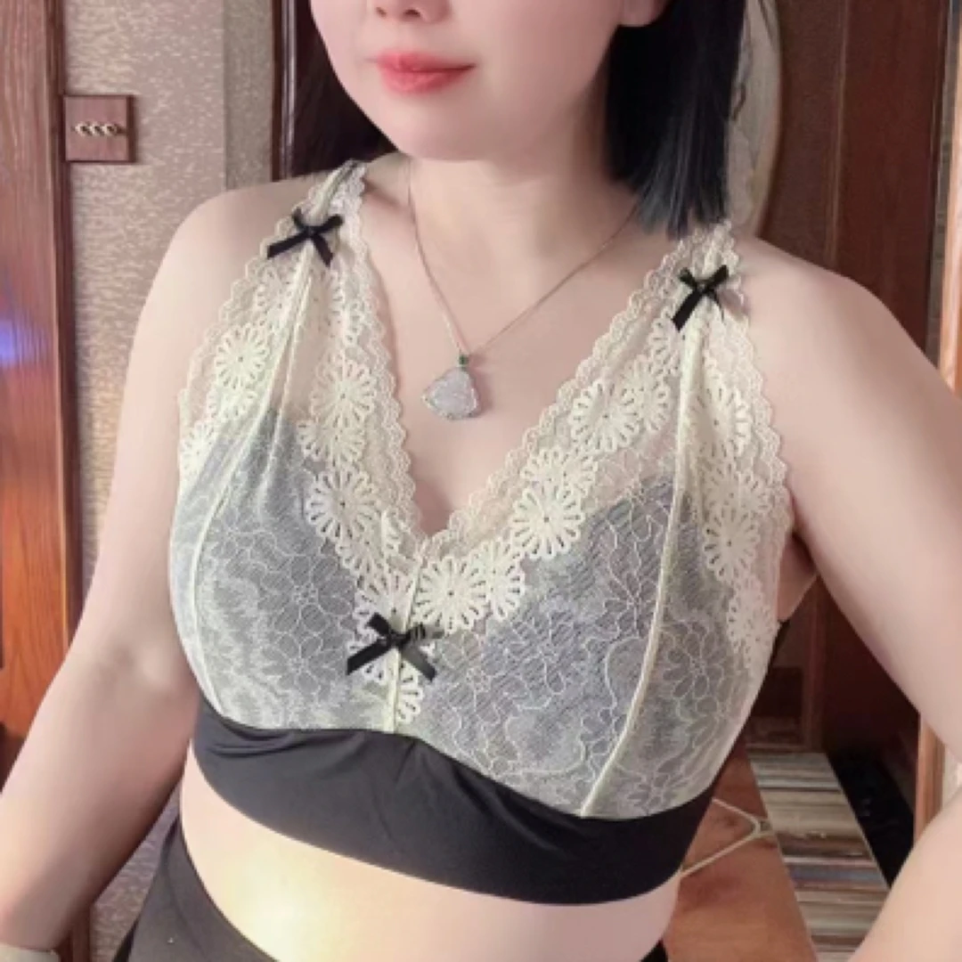 新款大码蕾丝拼接无痕这副乳温柔气质挂脖吊带背心蝴蝶结美背内衣