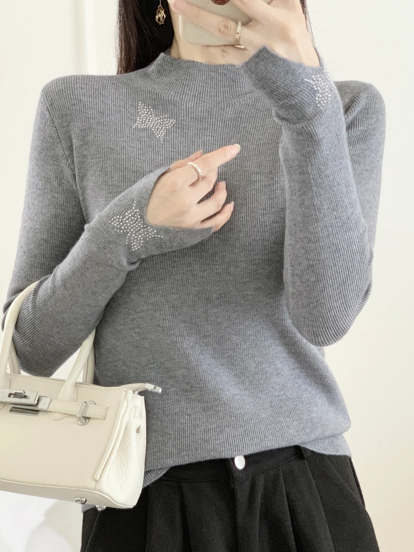 2025秋冬新款修身内搭打底长袖蝴蝶烫钻上衣洋气韩版毛衣潮女5201
