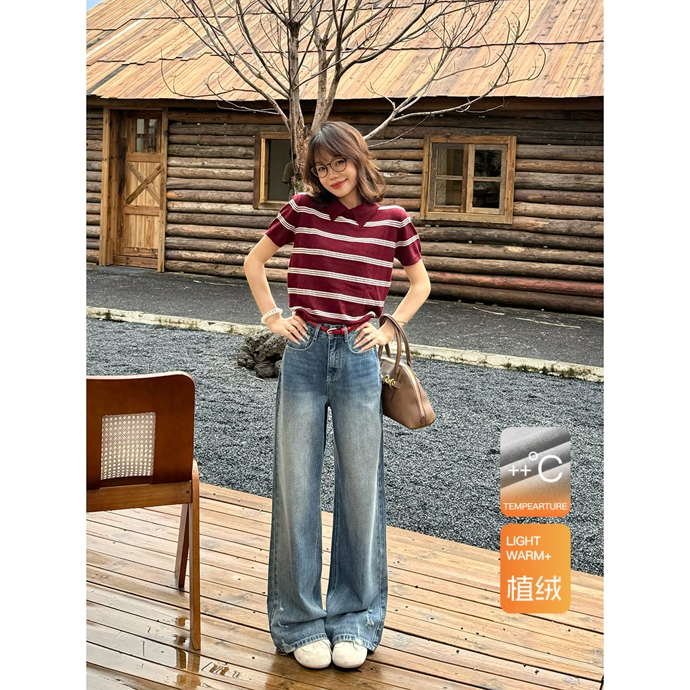 王家有鱼怀旧色宽松休闲阔腿裤2025秋季新款时尚百搭显瘦牛仔裤女