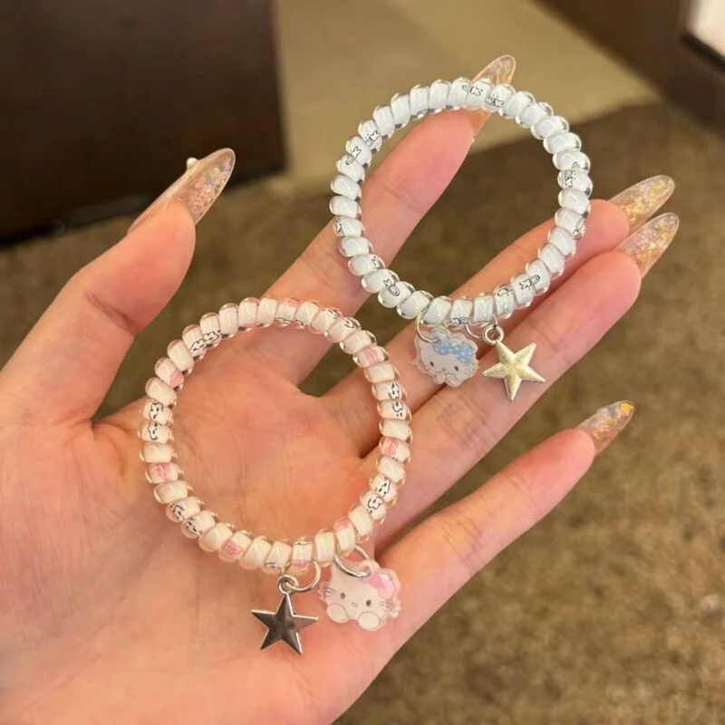 蓝粉色吊坠kt猫星星印花电话线圈高弹力无痕发绳甜美可爱发圈发饰