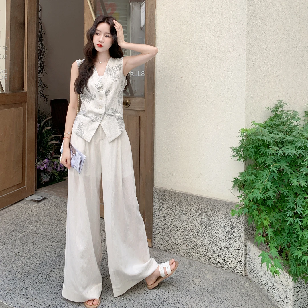 高级感印花马甲套装裤女2025年夏季新款气质显瘦高腰阔腿裤两件套