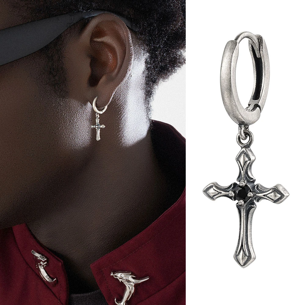 ACITY 925银耳饰 喜城纯银哥特风黑钻十字架耳环男女复古做旧耳钉