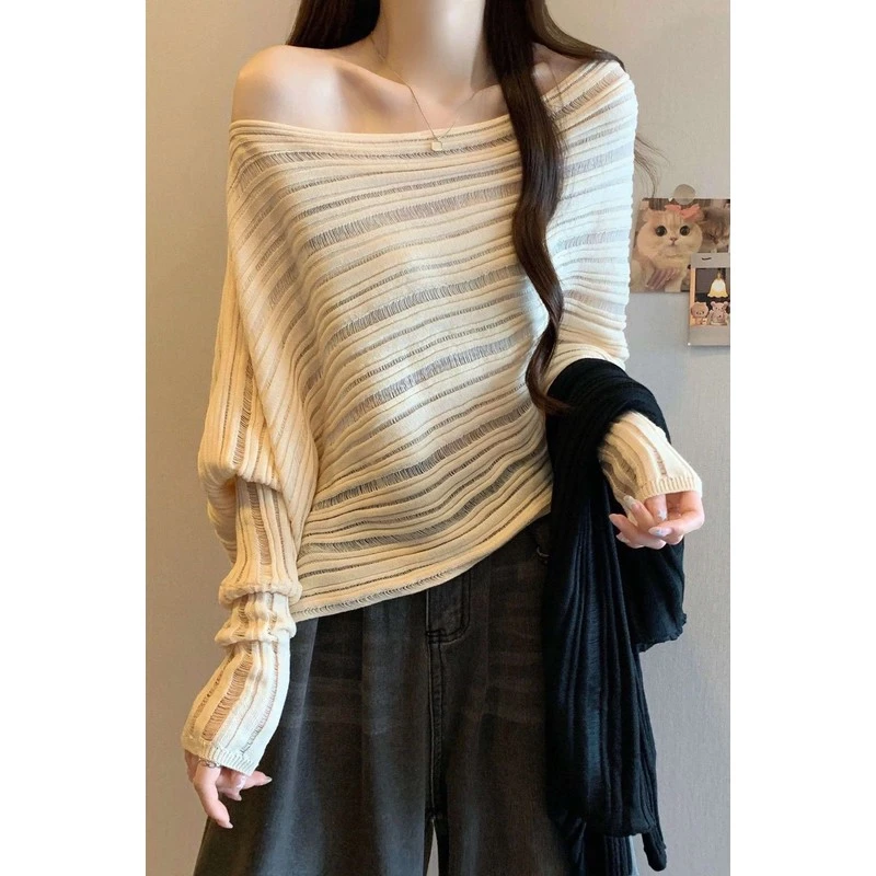 秀沐禾~法式慵懒风斜肩一字肩针织衫女2025早秋新款大码微胖