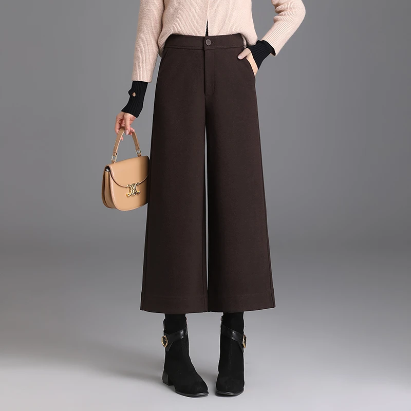 洋气百搭羊毛呢八分阔腿裤女士高腰秋冬季小个子宽松遮跨显瘦靴裤