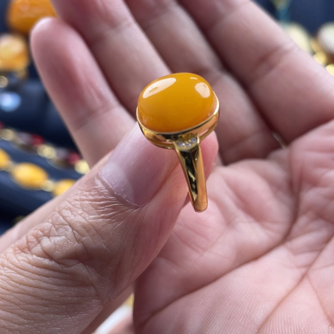 蜜蜡戒指银S925镀金镶嵌