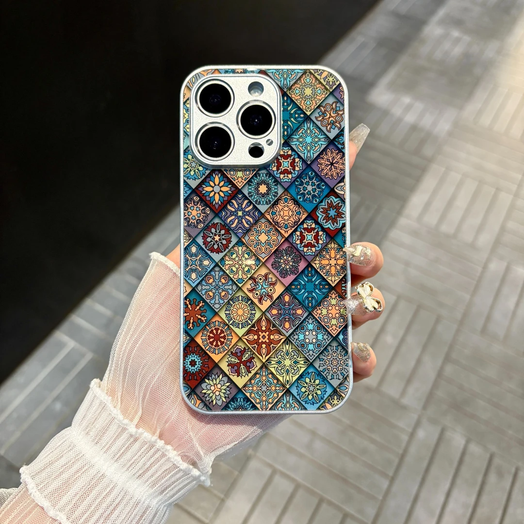 苹果/华为/oppo/vivo/小米 国风菱格适用iPhone17/16玻璃手机壳