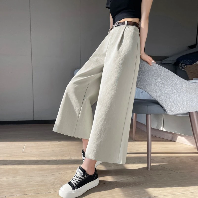 杏色天丝棉九分阔腿裤子女款春夏季新款高腰垂坠感显瘦修身休闲直