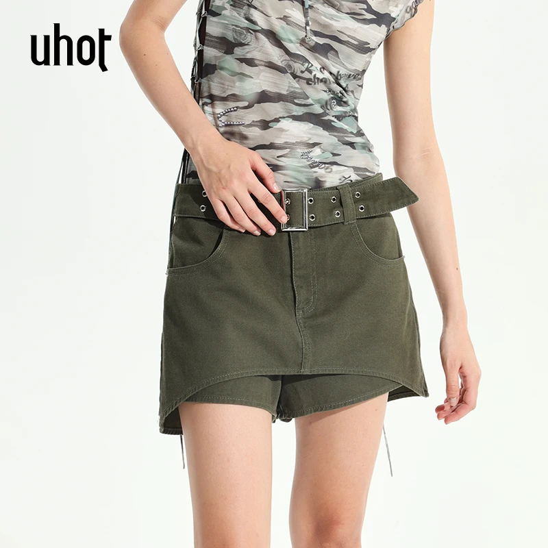 UHOT 黑色立体装饰扣装饰弧线假两件裙裤女减龄百搭辣妹UWWR4D240